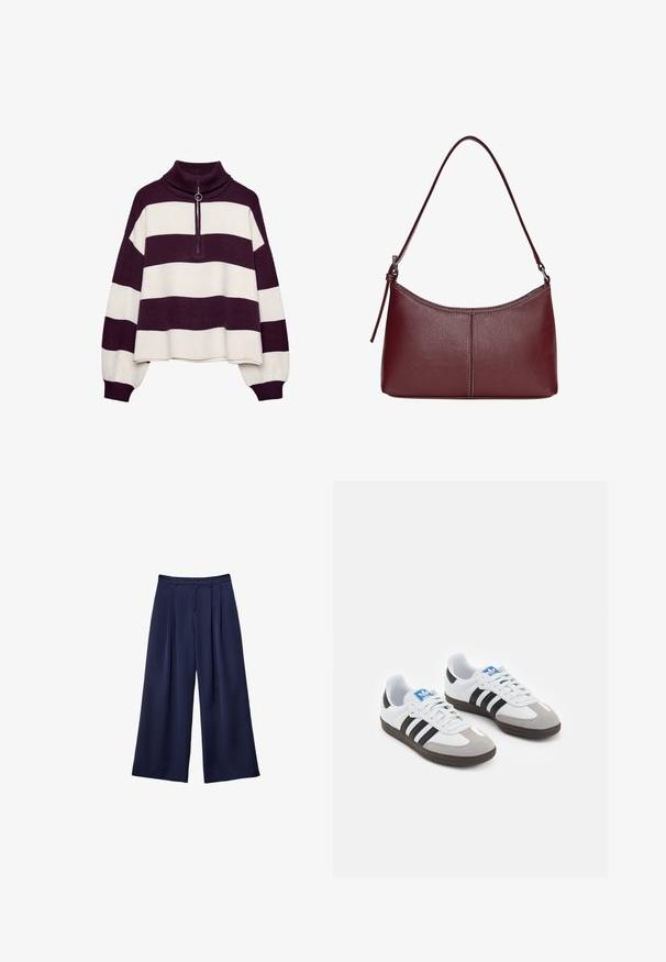 Wollen blend pullover met een hoge kraag, voorzien van witte en donkerpaarse horizontale strepen, en een zilveren ritsdetail bij de hals.; Marineblauwe wijde broek met plooien, knoop Tailleband en riemlussen, plat weergegeven op een witte achtergrond.; Sportschoenen met een witte leren bovenkant, grijze suède neus en drie zwarte strepen. Bevat een blauw logo op de tong en een gestructureerde rubberen zool.; Bordeaux lederen handtas met een gebogen vorm, een enkele schouderriem en gestikte details in het midden. Glad textuur, minimale hardware.