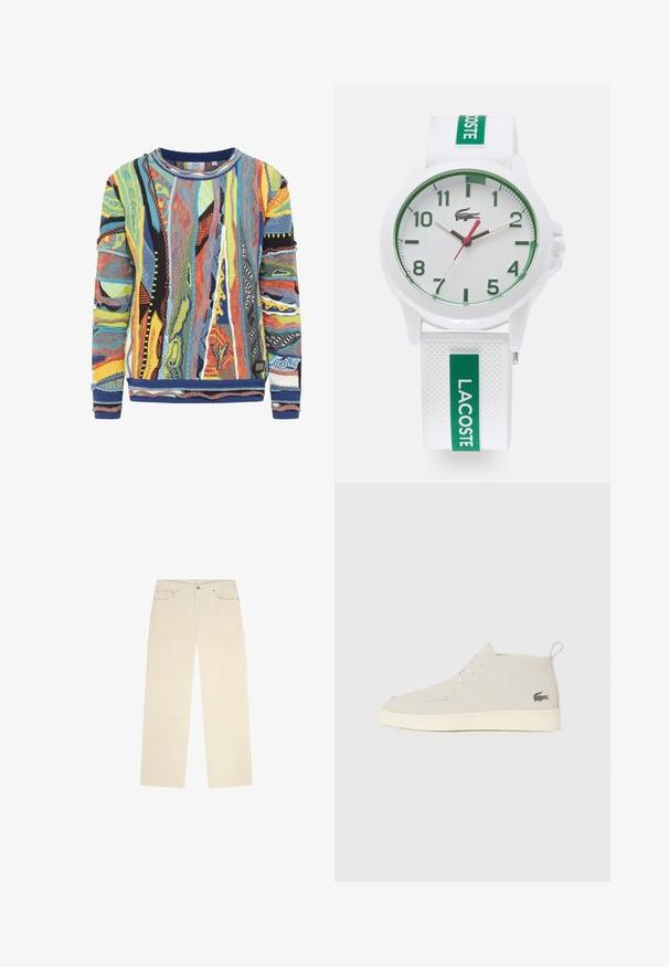 Multgekleurde gebreide trui met abstracte patronen in blauw, geel, rood en zwart. Ribgebreide kraag en boorden, textuurstof.; Beige ribfluweel broek met een rechte pasvorm, voorzien van twee voorkruiden en een subtiele ribstructuur. Inclusief metalen hardwareaccenten.; Lichtgrijze suède enkelbotten met een ronde neus, witte rubberen zool en subtiele logo-details aan de zijkant. Voorzien van een vetersluiting.; Lacoste WHITE SILICONE STRAP LOGO WATCH UNISEX - Horloge - weiß/grün