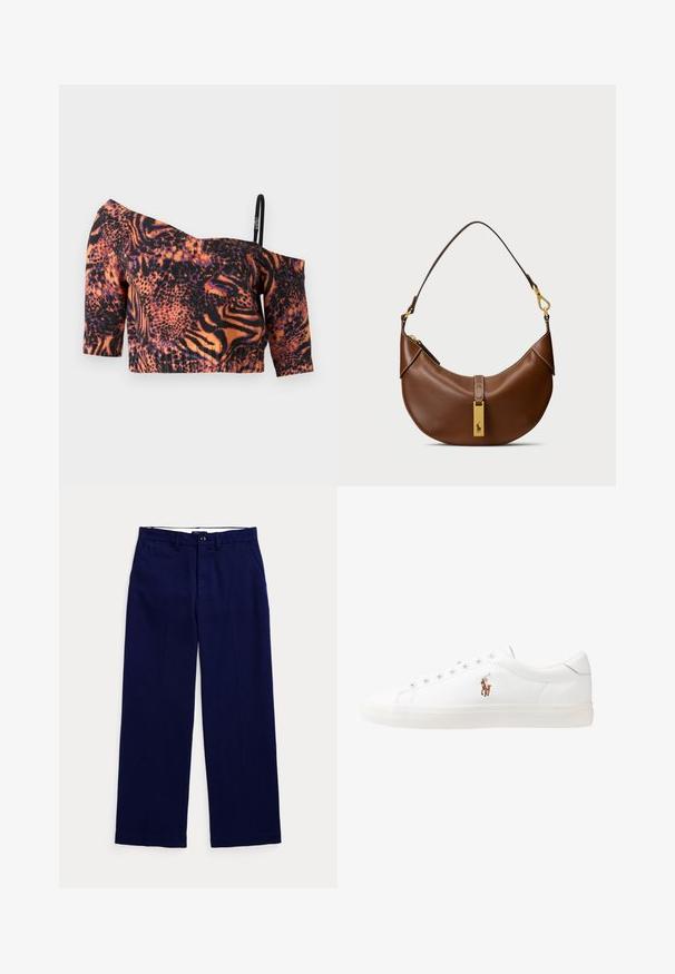 Kratka majica brez naramnic z živahnim oranžno-črnim živalskim vzorcem, kratkimi rokavi, rebrasto teksturo in tanko nastavljivo naramnico.; Temno modri hlače ravnega kroja z zankami za pas, gumbom za zapiranje in stranskimi žepi na enobarvnem svetlem ozadju.; Bela usnjena teniski čevlji, nizki model, z gladko teksturo, okrogle konice, vezavi spredaj ter majhnim vezenim logotipom na strani.; Rjava usnjena torba za ramensko nošenje s ukrivljeno obliko, zlatim dodatkom, detajlom na zgornjem zapiranju in logotipom. Gladka tekstura s šivi.