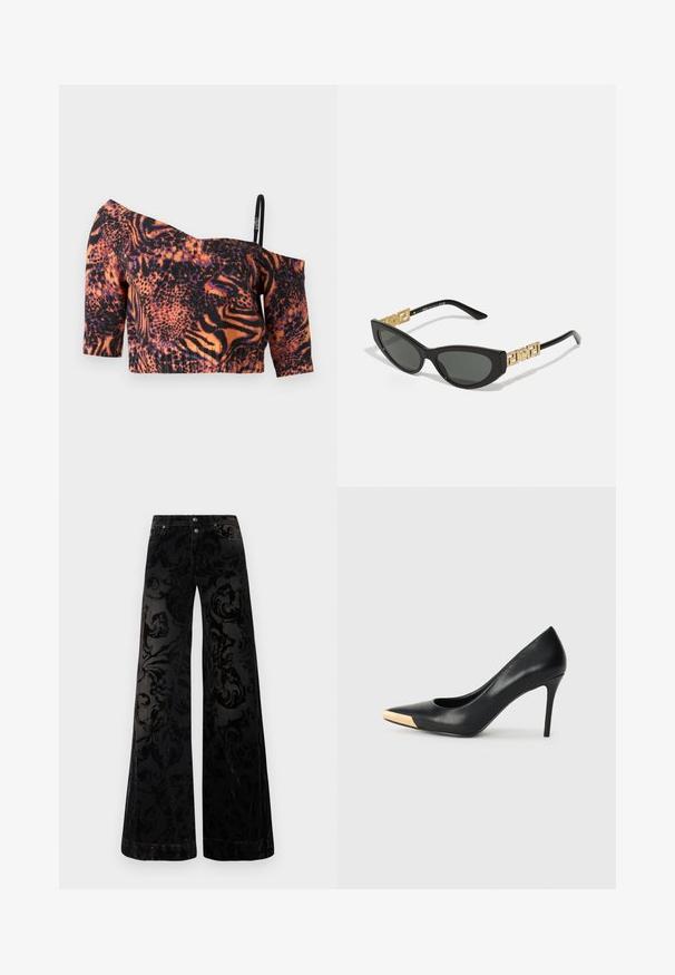Of-šulces krūšturis ar spilgti oranžām un melnām dzīvnieku apdrukām, īsām piedurknēm, ribota tekstūra un plāns regulējams siksniņa.; Melni plataji samta bikses ar rakstainu virpju dizainu, diviem priekšējiem pogām un klasisku džinsa stila izskatu.; Melna ādas augstpapēžu kurpe ar smailu purngalu; ar metālisku zelta akcentu purngalā. Gluda virsma ar elegantu dizainu.; Melni kaķa acs saulesbrilles ar tumšiem stikliem, ar zelta ģeometriskajiem akcentiem uz tempļiem un elegantu matētu apdari.