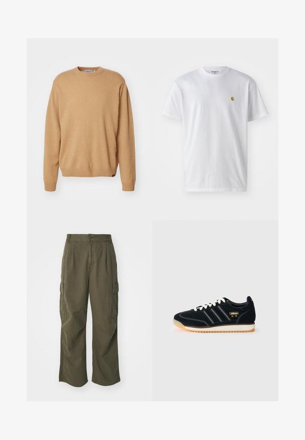 Beige gestrickter Pullover mit Rundhalsausschnitt, langen Ärmeln und gerippten Bündchen und Saum. Weiche Textur mit einem Etikett-Detail am unteren Ende.; Weißes Baumwoll-T-Shirt mit kurzen Ärmeln, Rundhalsausschnitt, mit einem kleinen goldenen Logo im linken Brustbereich. Weicher Stoff und normale Passform.; Cargo-Hosen in Olivgrün, aus Baumwolle, mit weitem Bein, Falten und seitlichen Taschen für Funktionalität.; Schwarze Wildleder-Sneaker mit weißen Schnürsenkeln, drei weißen Streifen an der Seite, strukturierten Akzenten und einer Gummisohle mit einem leicht orangefarbenen Schimmer.
