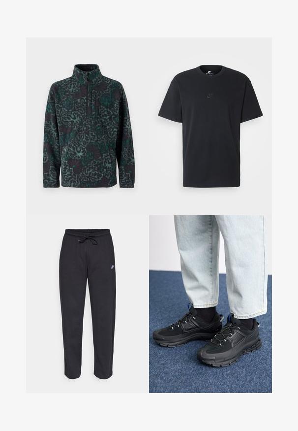 Melna un zila polāra džemperis ar ģeometrisku rakstu, piedāvā ceturtdaļas rāvējslēdzēja apkakli un priekšējo kabatu. Mīksta tekstūra.; Nike melns kokvilnas T-krekls ar klasisku piegriezumu, īsām piedurknēm un smalku, reljefu logotipu uz krūškurvja. Gluda tekstūra.; Melnas sporta bikses, kas izgatavotas no mīksta auduma, ar elastīgu jostu, auklu un mazu Nike logo uz kreisā augšstilba.; Melni sporta apavi ar strukturētu audumu un gumijas zoli, ar elastīgām auklām un zilu akcentu uz papēža. Nēsāti ar gaišām džinsu biksēm.