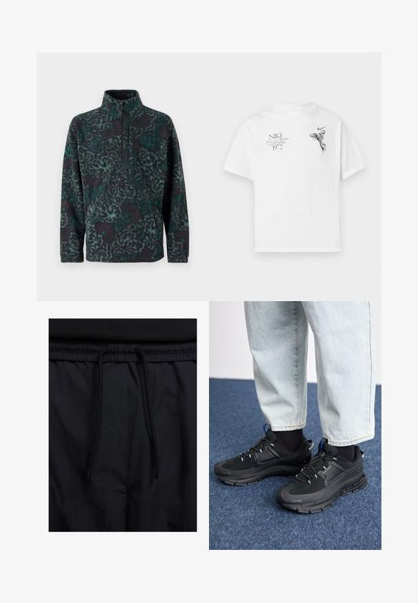 Melna un zila polāra džemperis ar ģeometrisku rakstu, piedāvā ceturtdaļas rāvējslēdzēja apkakli un priekšējo kabatu. Mīksta tekstūra.; Balts kokvilnas T-krekls ar melnu grafisku druku, kurā attēlots spārnots figūra un teksts, ar apaļu kaklu un īsām piedurknēm.; Melni šorti ar sašūtu jostu, viegls audums ar gludu tekstūru un vienkāršs dizains bez redzamiem logotipiem vai paraugiem.; Melni sporta apavi ar strukturētu audumu un gumijas zoli, ar elastīgām auklām un zilu akcentu uz papēža. Nēsāti ar gaišām džinsu biksēm.