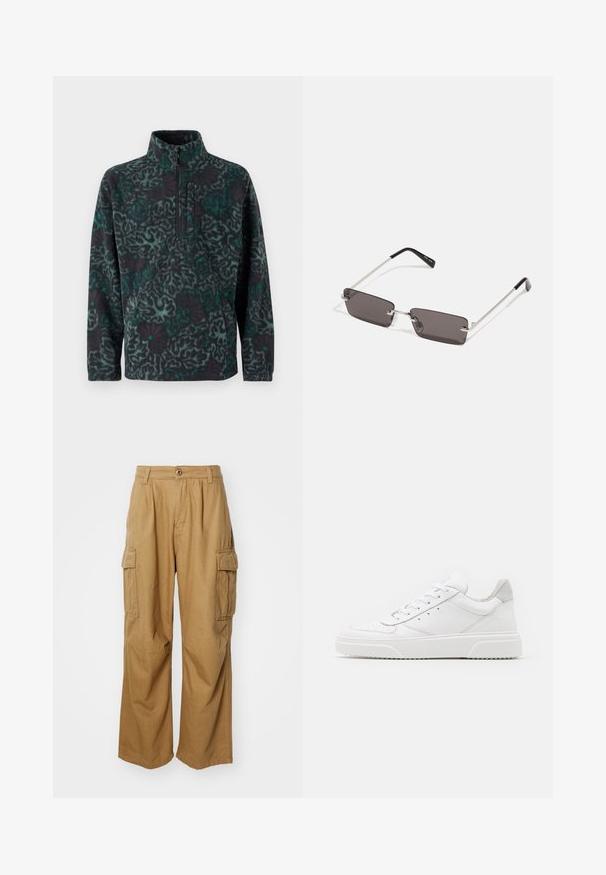 Fekete és türkiz színű fleece pulóver geometriai mintával, negyedcipzárral és elülső zsebbel. Puha tapintású.; Krémszínű cargo nadrág egyenes lábbal, két oldalsó zsebbel és gombos záródással. Puhából és tartós szövetből készült.; Fehér bőr sportcipő sima felülettel, kerek orral, lapos fűzőkkel és textúrált talppal. Szürke velúr díszítés a saroknál.; Napszemüveg téglalap alakú, sötétszürke lencsékkel, ezüstszínű fémkerettel és fekete műanyag végű szárakkal. Könnyű kivitel, orrpárnákkal.