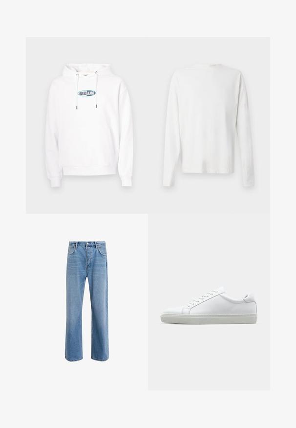 Felpa con cappuccio bianca con tasca frontale a marsupio e logo ovale blu-verde "GUESS JEANS" centrato sul petto, dotata di cappuccio con coulisse.; Camicia bianca in cotone a maniche lunghe con scollatura rotonda, spacchi laterali in fondo e una texture liscia, mostrata da dietro.; Jeans in denim blu chiaro con design a gamba dritta, cinque tasche, chiusura con bottone, leggero sbiadimento e dettagli di cucitura a contrasto.; Sneaker bianco con tomaia in pelle liscia e profilo basso. Presenta una punta arrotondata, sei occhielli e una suola in gomma testurizzata.
