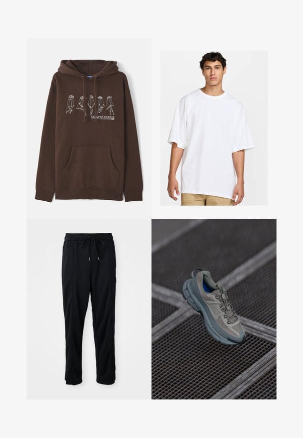 Haut à capuche marron avec cordon de serrage, poche avant et design en art linéaire blanc représentant des figures. Présente le logo "KID SUPER STUDIOS".; Homme portant un t-shirt Nike blanc surdimensionné et un short cargo beige, se tenant devant un fond blanc uni.; Pantalons décontractés noirs à taille à cordon de serrage avec poches latérales et coupe droite sur fond uni.; Chaussure de sport beige et grise avec une tige en maille texturée, un bout arrondi et une semelle en caoutchouc, comportant des lacets et un col rembourré.