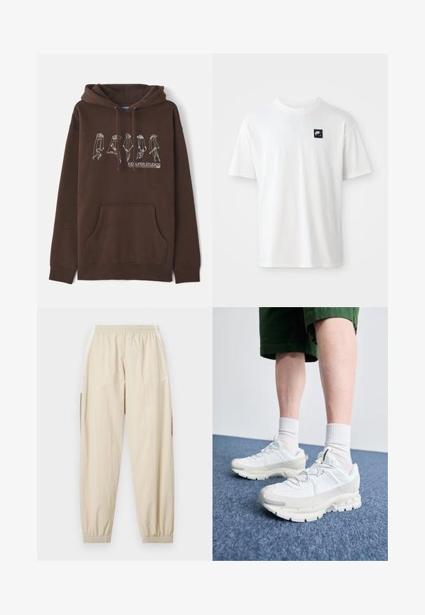 Brown hoodie with a drawstring hood, front pocket, and white line art design depicting figures. Features "KID SUPER STUDIOS" logo.; White cotton t-shirt with short sleeves and a crew neck; features a small black rectangular Nike Air logo on the left chest.; Beige lightweight joggers with elastic waistband, cuffed ankles, side pockets, and subtle Nike logo in white on the left thigh.; White athletic shoes with textured overlays, a chunky sole, and gray accents. Worn with white crew socks and green shorts on a blue surface.