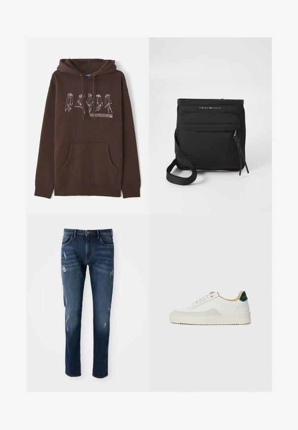 Ruda sportinė striukė su styginiu kapuce, priekinė kišenė ir balta linijų piešimo koncepcija, vaizduojanti figūras. Su "KID SUPER STUDIOS" logotipu.; Tamsiai mėlyni džinsai, lieso sijono, šiek tiek nudėvėti šlaunų ir kelių srityse, klasikinis penkių kišenių dizainas ir mygtuko uždarymas.; Baltos sportbačiai su zomšos akcentais, apvaliu nosiu, plokščiais raišteliais ir kreminės spalvos guminiu padu. Ant kulno yra žalia ženklinimo detalė.; Juodas „Emporio Armani“ per petį nešiojamas krepšys su priekinės užtrauktuko kišenės, reguliuojamu dirželiu ir logotipo detale ant struktūrinio audinio.