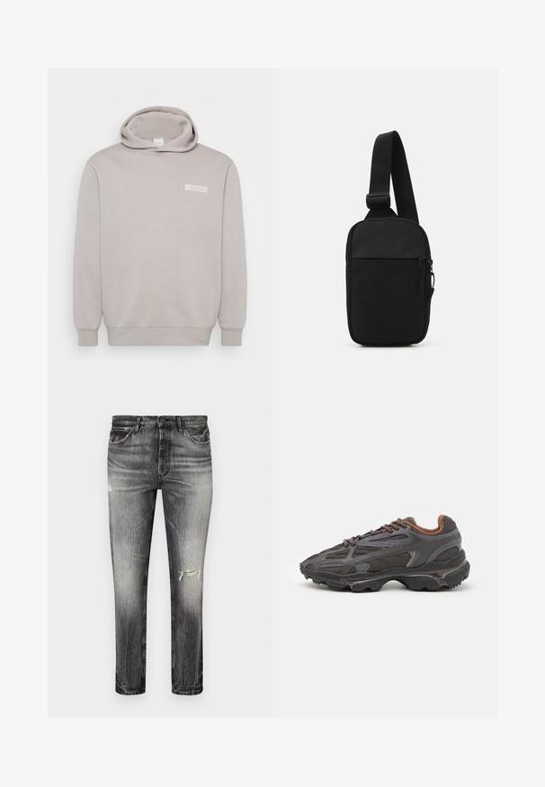 Hellgrauer Hoodie aus weichem Baumwoll-Mischgewebe. Verfügt über eine Fronttasche, gerippte Bündchen und ein kleines Logo auf der Brust. Schlichtes Design.; Ausgewaschene schwarze Jeans mit geradem Schnitt, die abgenutzte Stellen, vordere Taschen und einen klassischen Knopfverschluss aufweisen.; Lacoste Sneaker in Dunkelgrau aus Mesh und Synthetikmaterial, mit einer strukturierten Sohle und braunen Akzenten am Kragen und Logo.; Schwarze Umhängetasche aus robustem Gewebe, mit einem verstellbaren Tragegurt, einem Reißverschluss-Hauptfach und einer Fronttasche.