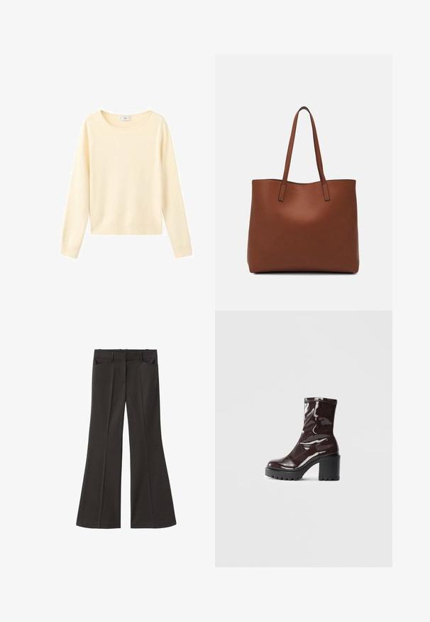 Cream-colored long-sleeve sweater with a round neckline, ribbed hem and cuffs, displayed on a white background.; Black flared trousers with a high waist; features two front pockets and a smooth fabric texture. Suitable for various occasions.; Glossy burgundy ankle boot with a chunky black heel, featuring a smooth texture and simple design. No visible fastenings or patterns.; Brown leather tote bag with a smooth texture, open top design, and two shoulder straps. Features minimal stitching and no visible hardware.