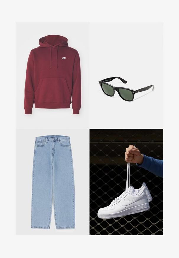 Nike Sportswear SPORTSWEAR CLUB FLEECE - Sweatshirt - burgundy crush/white; Lyseblå denimjeans med rett ben-design, med mid-rise liv, fem lommer og knap og lynlås lukning.; Hvite skinnsneakers med perforeringer, rund tå, flat såle og tykke lisser, med en synlig swoosh-logo og "AIR" på hælen.; Sorte plast-solbriller med grønne linser, firkantede rammer, sølvdetalje på brynene, og teksturerte stangarmen. Angitt merke på indre arm.
