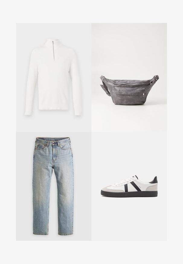 Bela, rebrasta pletena pulover s dolgimi rokavi in visokim ovratnikom. Ima srebrno zadrgo na sprednji strani. Mehka tekstura in prilagojen kroj.; Svetlo modri džins hlače z visokim pasom, sprednjim gumbom, zadrgo in petimi žepi, laid flat na nevtralni podlagi.; Bela športna obutev z črnimi in sivo akcenti, z teksturirano sivo kapico za prste, črnim gumijastim podplatom in ravnimi belimi vezalkami. Čista zasnova, minimalistični slog.; Sivkasta zamšasta torbica s okroglo obliko, dvema žepoma na zadrgo in nastavljivim trakom. Ima kovinske dodatke.