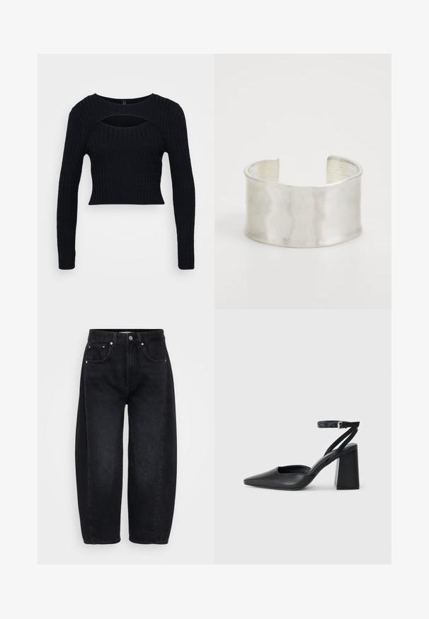Μαύρο ραβδωτό κοντό τοπ μακρύ μανίκι με φαρδύ ντεκολτέ και μικρή εγκοπή κάτω από τη κλείδα. Κατασκευασμένο από υλικό με υφή και ελαστικότητα.; Μαύρα τζιν παντελόνια με άνετη γραμμή, περιλαμβάνοντας ασημένιες λεπτομέρειες, πέντε τσέπες και μια χαρακτηριστική ραφή μπροστά.; Μαύρο δερμάτινο ψηλοτάκουνο παπούτσι με οξύ μυτερό τόξο, λουράκι στον αστράγαλο και χοντρό τακούνι. Λείος υφασματισμός, κομψός σχεδιασμός και μινιμαλιστική αισθητική.; Zign Βραχιόλι - silver-coloured