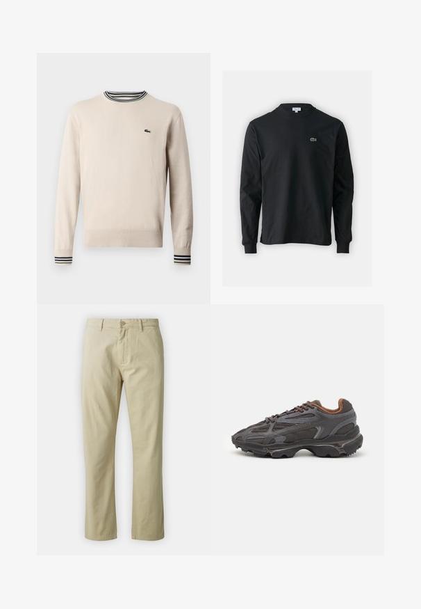 Beesvetri kudumist valmistatud beezist kangast, ümarate kaelustega, mustade ja roheliste triipudega ribakätistega ning rinnal väikese logoga.; Must musta särk pikad varrukad, valmistatud puuvillast, ümar kaelus ja vasakul rinnal väike rohelise värvi tikandiga krokodillilogoga.; Beezid puuvillased püksid sirge sääre kujundusega, esitasku nuppude sulgemise ja vööde abil. Sile tekstuur, ilma nähtavate mustrite või aktsentideta.; Tumed hallid Lacoste tossud, mis on valmistatud võrkkangast ja sünteetilisest materjalist, omavad tekstureeritud talla ning pruune aktsente kaeluse ja brändingu juures.