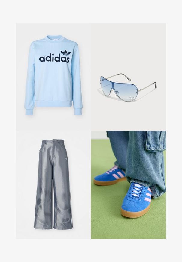 Light blue sweatshirt made of cotton blend, featuring vertical pinstripes, a round neckline, and a black Adidas logo on the chest.; Wide-leg pants in shiny gray material, featuring white side stripes and a flame pattern on the lower legs. Button and zipper closure at the waist.; Blue suede shoes with pink stripes and white laces, featuring a gum rubber sole, paired with loose denim pants on a green surface.; Aviator sunglasses featuring a gradient blue lens, silver metal frame, and decorative star accents on the lens. Smooth and sleek design.