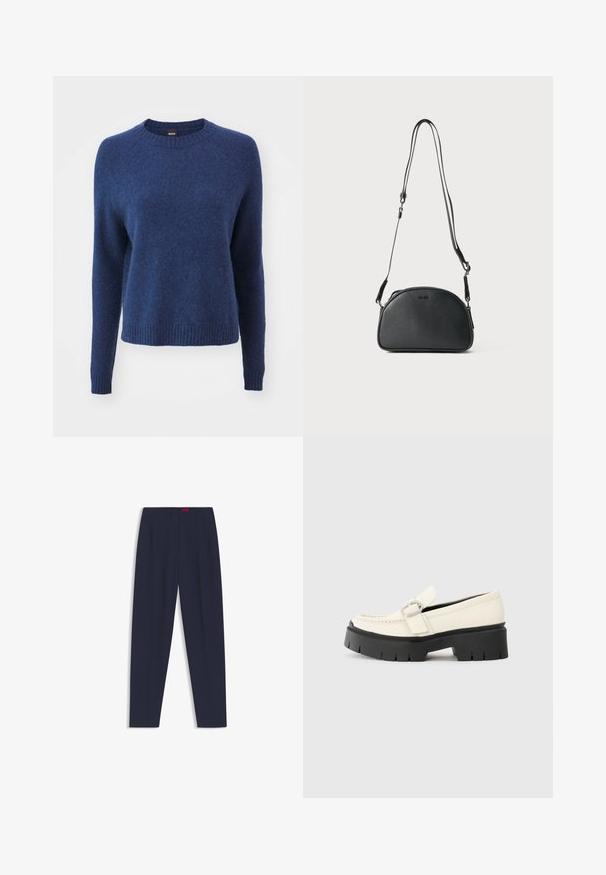 Laivansinisvetti, joka on valmistettu pehmeästä ja teksturoidusta materiaalista. Siinä on pyöreä kaula-aukko, pitkät hihat ja resorireuna. Yksinkertainen ja klassinen muotoilu.; Tummansinisen muotonsa mukautuvat housut, joissa on sileä pinta, etupleatsit ja sivutaskut. Suora lahjerakenne ilman näkyviä koristeita.; Valkoinen nahkainen loafers-kengät, joissa on paksu musta pohja, esillä suorakaiteen muotoinen hopeinen solki ja näkyvät ompelusaumat päällä.; Musta nahkainen olkalaukku pyöreällä muodolla, jossa on kaksi säädettävää hihnaa ja huomaamaton logo edessä. Pintakuvioitu ulkopinta, minimalistinen muotoilu.