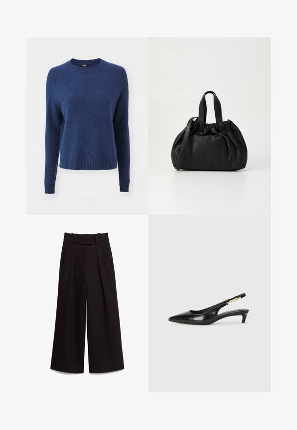 Navy blue sweater made of soft, textured material. Features a round neck, long sleeves, and ribbed hem. Simple and classic design.; Black wide-leg trousers made of smooth fabric, featuring a high waist, belt loops, and two front pockets. Pleated design adds texture.; Black leather slingback heels with a pointed toe, featuring a slim heel and a gold-tone accent on the adjustable strap. Smooth texture.; Black leather handbag with a gathered top design, featuring two short handles and a long adjustable strap. Smooth texture, rounded shape.
