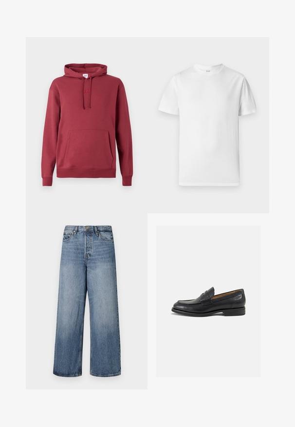 Rdeča kapa s sprednjim kenguru žepom, kapuco na vrvico, rebrastimi manšeti in robom ter diskretno vezenim logotipom na prsih.; Bela kratka majica s kratkimi rokavi iz mehke bombažne tkanine. Ima okrogle izreze in ravno rob s minimalnimi detajli.; Široke modre denim hlače s blago obrabljenim tonom, zasnovo s petimi žepe in z gumbom za zapiranje. Opremljene so z zankami za pas in šivanjem detajlov.; Črne usnjene loafers cipele z gladko površino, zaobljenim nosom in dekorativnim šivom na vampu. Nizek zloženi peti in rahla sijaj.