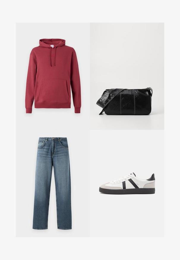 Rode hoodie met een voorste kangoeroezak, een capuchon met trekkoord, ribgebreide manchetten en een zoom, en een subtiel geborduurd logo op de borst.; Rechtaankomende blauwe spijkerbroek met een vervaagde was, voorzien van een vijfzakkenontwerp, metalen knoop en riemlussen. Gestructureerde, middelzware stof.; Witte sneaker met zwarte en grijze accenten, voorzien van een grijze neus met textuur, zwarte rubberen zool en platte witte veters. Schoon ontwerp, minimalistische stijl.; Zwarte leren schoudertas met een ritsluiting, voorzien van een gestructureerd lichaam, witte stiksels en een band met zilveren oogjes.