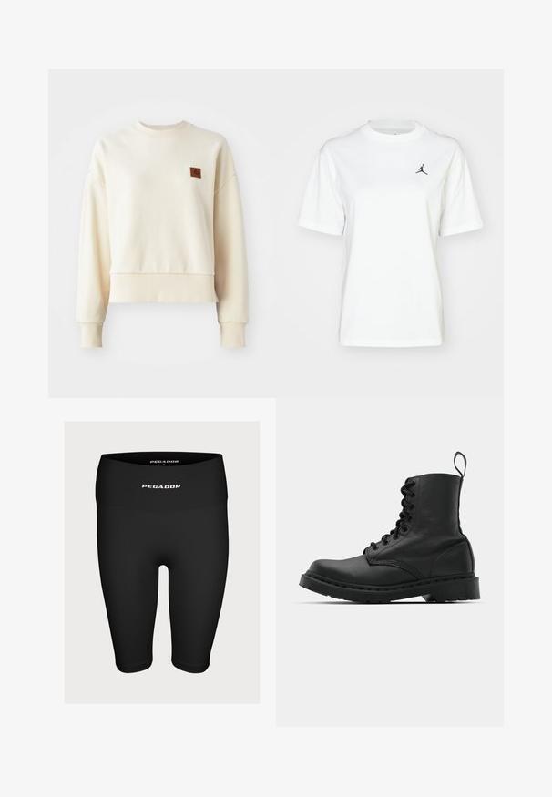 Helles Cream-Sweatshirt mit gerippten Bündchen und Saum. Auf der linken Vorderbrust befindet sich ein quadratisches braunes Markenpatch. Weiches Material, lockere Passform.; Weißes Baumwoll-T-Shirt mit kurzen Ärmeln, Rundhalsausschnitt und kleinem schwarzem Jordan-Logo im oberen linken Brustbereich.; Schwarze Sportshorts aus dehnbarem Material, mit einem hohen Bund und einem weißen Logo "PEGADOR" auf der Vorderseite.; Schwarzer Lederkampfstiefel mit runder Zehenpartie, Schnürung vorne und einer Zuglasche am Knöchel. Verfügt über eine dicke Gummisohle für Langlebigkeit.