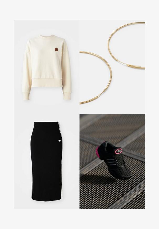 Lyscreme sweatshirt med ribbede manchetter og kant. Har et firkantet brunt mærkelogo på venstre brystområde. Blødt materiale, afslappet pasform.; Hvid langærmet cropped top med en sort V-hals, kontrasterende sorte manchetter og tre sorte striber på hver ærme. Lille logo på brystet.; Sort ribbet midi-nederdel med en tætsiddende design, der har hvide sidelister og et lille hvidt emblem på venstre side.; Sort sportssko med mesh-overdel, lyserøde accenter og sorte stribede detaljer. Har en tekstureret ydersål og et logo på hælen.; Guldfarvede hoops øreringe, tynde og runde i formen, med en glat metallisk finish uden udsmykninger eller mønstre.