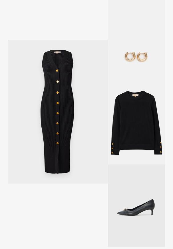 Czarny sweter wykonany z miękkiego materiału, z okrągłym dekoltem i długimi rękawami. Zauważalne złote guziki na mankietach. Prosty design.; Czarna dzianinowa sukienka w prążki z dekoltem w kształcie V, bez rękawów, z guzikami w kolorze złotym na przodzie, charakteryzująca się dopasowanym krojem.; Czarna skórzana szpilka z owalnym noskiem, niskim obcasem, z teksturowanym paskiem i metalicznym akcentem z przodu. Gładka powierzchnia i smukły kształt.; Czarna skórzana kopertówka z złotym akcentem w postaci łańcucha, gładka faktura i złote detale z logo. Zawiera regulowany pasek dla większej wszechstronności.; Złote kolczyki w kształcie obręczy z wypolerowanym wykończeniem, charakteryzujące się grubym, okrągłym wzorem i bezpiecznym zapięciem. Gładka faktura i błyszczący wygląd.