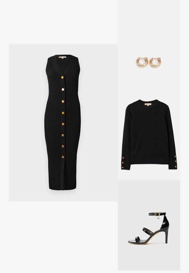 Fekete pulóver puha anyagból, kerek nyakkivágással és hosszú ujjaival. Kiemelkedő arany gombbetevések az ujjakon. Egyszerű dizájn.; Fekete bordázott kötött ruha V-nyakkal, ujjatlan kialakítással és arany színű gombokkal az elején, testhezálló sziluettel.; Fekete lakk bőr szandál három pánttal, bokapánttal és 10 cm magasságú tűsarokkal. Arany színű részletekkel és logó charm-mal rendelkezik.; Fekete bőr keresztbody táska arany lánc díszítéssel, cipzáras záródással és levehető szövetpánttal. Michael Kors logó az elülső részen.; Arany fülbevalók polírozott felülettel, vastag, kör alakú kialakítással és biztos zárómechanizmussal. Simább textúra és fényes megjelenés.
