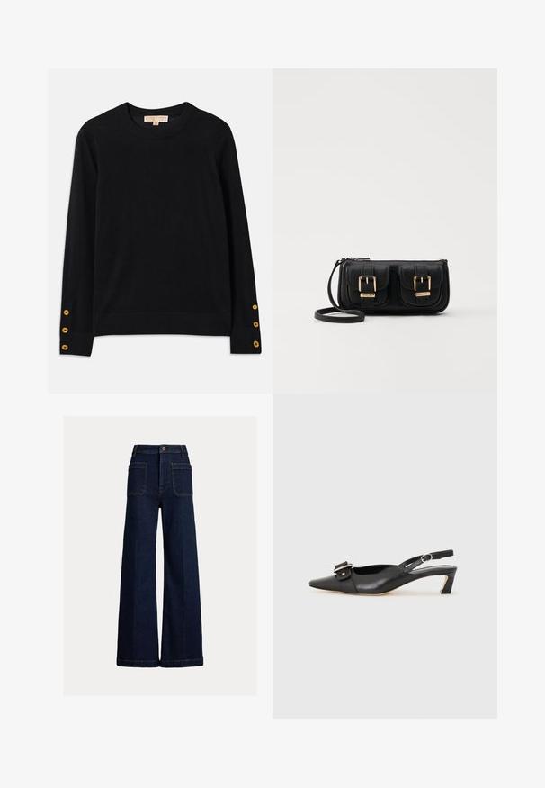 Pull noir en tissu doux, avec un décolleté rond et des manches longues. Boutons en or remarquables aux poignets. Design simple.; Jeans à jambes larges en denim bleu foncé, avec une taille haute, deux poches avant et deux poches arrière avec un bouton de fermeture.; Chaussure slingback en cuir noir avec un bout pointu, un petit talon et un détail de boucle décoratif sur le dessus. Texture lisse, design minimaliste.; Sac en cuir noir porté en travers avec deux poches avant, boucles dorées, fermeture zippée et une sangle fine. Surface texturée et forme rectangulaire compacte.