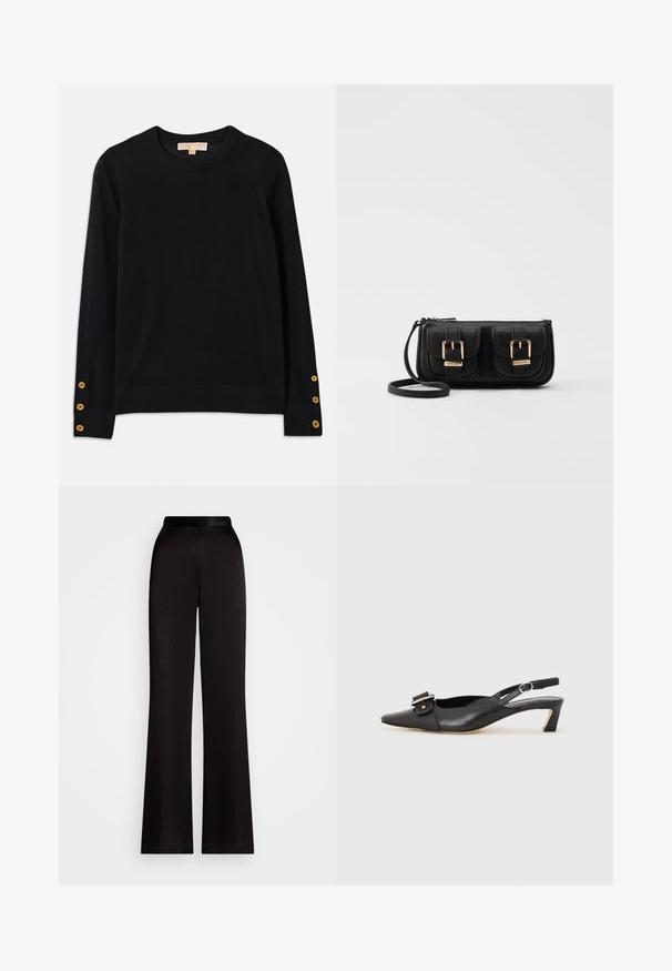 Must must ühine pehme kangas, ringja kaeluse ja pikkade varrukatega. Tähtsad kuldsed nupud mansettidel. Lihtne disain.; Mustad flared püksid, mis on valmistatud siledast kangast, kõrge vöökohaga ja täispikkuses. Ilma nähtavate mustrite või aksessuaarideta.; Must must nahk slingback kingad terava varbaga, väikese kontsaga ja dekoratiivse pandlaga ülaosas. Sile tekstuur, minimalistlik disain.; Must küllastamata nahast õlakott, millel on kaks esist nähtavat taskut, kuldsed pandlad, tõmblukuga sulgemine ja peen rihm. Tekstuuriga pind ja kompaktne ristkülikukujuline kuju.