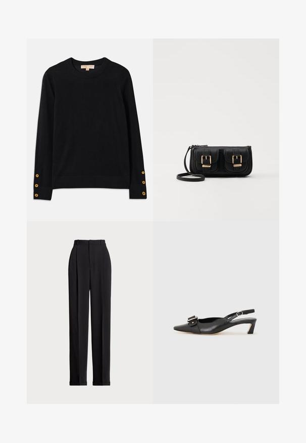 Melns džemperis, izgatavots no mīksta auduma, ar apaļu kakla izgriezumu un garām piedurknēm. Pievilcīgi zelta pogu akcenti uz piedurknēm. Vienkāršs dizains.; Melnas piegriezuma bikses ar augstu jostasvietu, priekšā ar krokām, taisna kāju dizains un ar aprocēm. Izgatavotas no gludas auduma.; Melnas ādas siksnu kurpes ar smailu pirkstu, nelielu papēdi un dekoratīvu sprādzi augšdaļā. Gluda tekstūra, minimālistisks dizains.; Melnas ādas crossbody soma ar divām priekšējām kabatām, zelta sprādzēm, ar rāvējslēdzēju aizdari un šauru siksnu. Strukturēta virsma un kompakta taisnstūra forma.