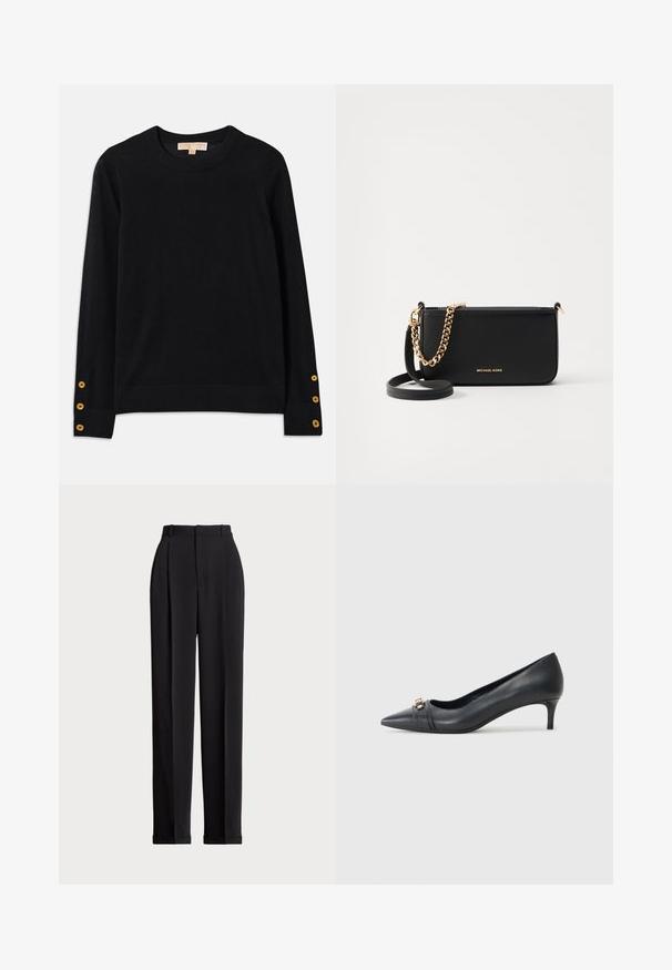 Crna pulover od mekanog materijala, s okruglim izrezom i dugim rukavima. Značajni zlatni dugmići na manžetama. Jednostavan dizajn.; Crne krojene hlače s visokim strukom, s naborima sprijeda, ravnim krojem i običnim rubom. Izrađene od glatkog materijala.; Cipele na visoku petu od crne kože s uskim vrhom i niskom petom, s teksturiranim trakama i metalnim akcentom sprijeda. Glatka površina i elegantan dizajn.; Crna kožna torbica s zlatnim lančićem, glatke teksture i zlatnim logotipom. Uključuje podesivu traku za svestranost.; Zlatne okrugle naušnice s poliranim završetkom, s debelim, kružnim dizajnom i sigurnim mehanizmom zatvaranja. Glatka tekstura i sjajan izgled.