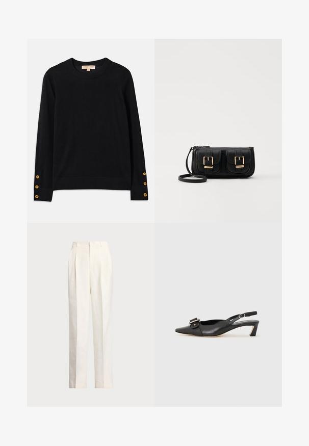 Fekete pulóver puha anyagból, kerek nyakkivágással és hosszú ujjaival. Kiemelkedő arany gombbetevések az ujjakon. Egyszerű dizájn.; Polo Ralph Lauren HEMP WIDE LEG PANT - Nadrágok - nevis; Fekete bőr szandál kis sarkú, hegyes orral, díszes csattal a felsőrészen. Simább textúra, minimalista design.; Fekete bőr keresztbody táska két elülső zsebbel, arany csattokkal, cipzáras záródással és vékony pánttal. Textúrált felület és kompakt téglalap alak.