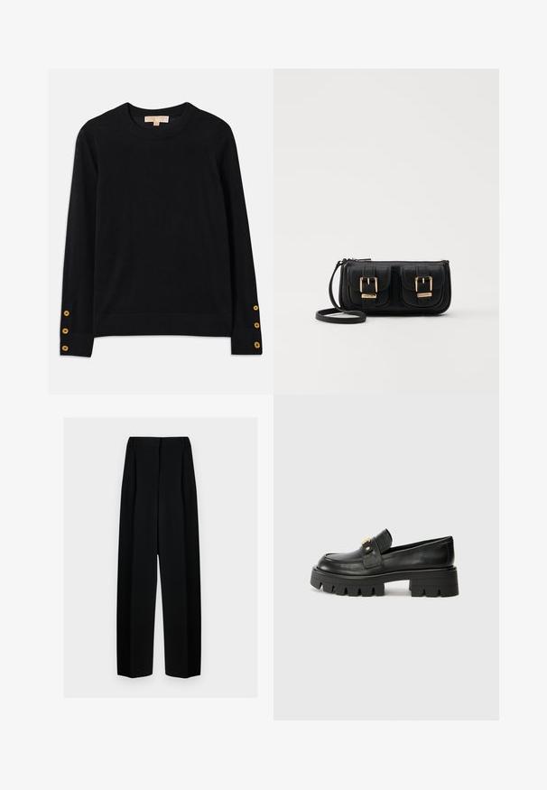 Pulover negru dintr-un material moale, cu guler rotund și mâneci lungi. Accente notabile cu nasturi aurii pe manșete. Design simplu.; Pantaloni negri evazați cu talie înaltă, având plisseuri și o textură netedă. Țesătura pare ușoară și se așază elegant.; Mocasini negri din piele cu o talpă groasă, având un accent aurit în față și un finisaj neted. Design cu ștanțare groasă pe talpă.; Geantă neagră din piele, tip crossbody, cu două buzunare frontale, catarame aurii, închidere cu fermoar și o curea subțire. Suprafață texturată și formă rectangulară compactă.
