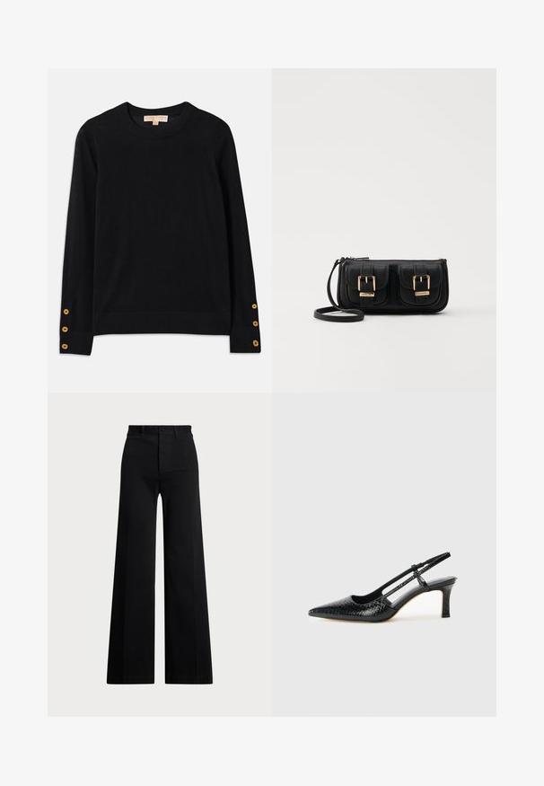 Juodas megztinis, pagamintas iš minkštos medžiagos, su apvaliu iškirpimu ir ilgomis rankovėmis. Išskirtiniai auksiniai mygtukai ant rankogalių. Paprastas dizainas.; Juodos plačios kojos kelnės, pagamintos iš audinio, su aukštu liemeniu, priekiniais mygtukais ir šoniniais kišenėmis. Sklandus paviršius su švariomis linijomis.; Juodai lakuoti slingback aukštakulniai su smailiu nosiu, su tekstūruotu gyvatės raštu, reguliuojama juosta ir trumpu, tekstūruotu blokiniu kulnu.; Juodas odinis per petį nešiojamas krepšys su dviem priekiniais kišenėmis, auksiniais sagtimis, užtrauktuko uždarymu ir siauromis petnešomis. Textūruota paviršius ir kompaktiškas stačiakampis formatas.