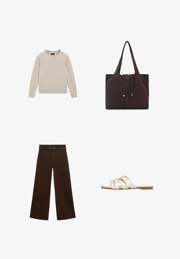 Beige Strickpullover, Rundhalsausschnitt, lange Ärmel, gerippte Bündchen und Saum, weiche Textur, schlichtes Design ohne Muster oder Verzierungen.; Braune, weit geschnittene Hosen aus Baumwollmischung mit fransigem Saum, vorderem Knopfverschluss und klassischem Fünf-Taschen-Design. Minimalistisch und vielseitig.; Flache Sandalen mit einer honigfarbenen Gummisohle, gestaltet mit drei überlappenden weißen Lederriemen und einem kleinen Schleifendetail in der Mitte.; Mango Shopping Bag - dark brown