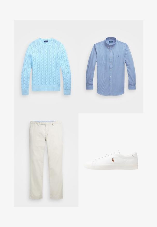 Lyseblå kabelstrikket genser med rund hals, ribbede ermer og kant, med teksturerte mønstre over hele stoffet.; Stripet langermet skjorte i blått og hvitt, med klassisk krage, knappestuss og brodert logo på brystet.; Beige bomullskjoler med flat front, beltehemper og sidelommer. Rett ben-design med en glatt tekstur og en lett, pustende følelse.; Hvite lærsko, lavt design, med en glatt tekstur, rund tå, snøring foran, og en liten brodert logo på siden.