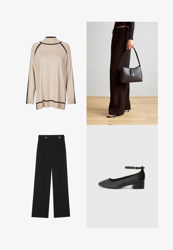 Beige Pullover mit hohem Kragen, schwarzen Akzentnähten an den Schultern und Seiten sowie gerippten Bündchen. Weicher Stoff mit lockerer Passform.; Schwarze weite Hosen mit hoher Taille, Knopfdetails am Bund und vorderen Falten.; Schwarze Lederpumps mit spitzem Zehenbereich und niedrigem Blockabsatz. Mit einem Knöchelriemen und einer goldfarbenen Schnalle. Glatte Textur.; Schwarze Handtasche mit strukturierter Form, glatter Textur und einem metallischen Verschluss. Kombiniert mit weiten schwarzen Hosen und offenen Sandalen auf einem Holzboden.