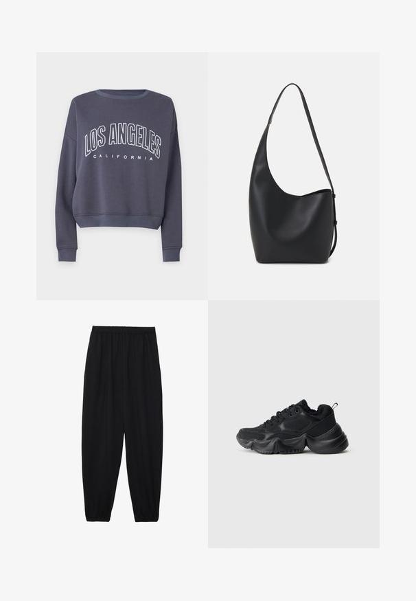 Navy cropped sweatshirt with white "LOS ANGELES" text and "CALIFORNIA" beneath. Features ribbed neckline and cuffs, made from soft fabric.; Black, lightweight pants with an elastic waistband and gathered ankles. The fabric is smooth and features a relaxed, tapered design.; Black sneakers with a mix of smooth and textured materials, thick soles, rounded shape, and decorative stitching. Features a soft, plush cuff.; Black leather hobo bag with a smooth texture, curved shape, and single adjustable strap; features a wide opening at the top.
