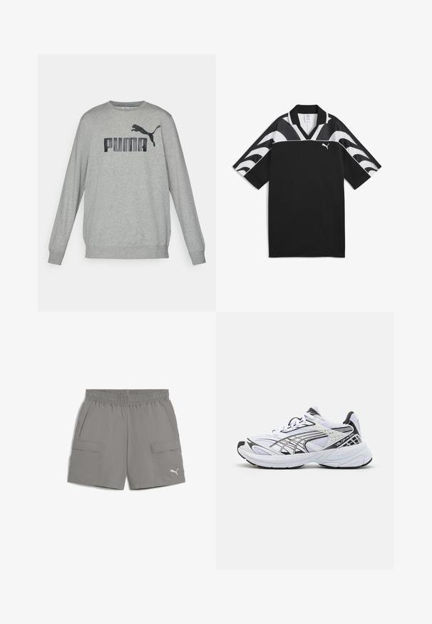Pelēks garas piedurknes sporta krekls, kas izgatavots no kokvilnas maisījuma, ar melnu "PUMA" logo un lecoša puma grafiku uz priekšpuses. Tuva piegriezuma piedurknes.; Melns sporta krekls ar V veida kakla izgriezumu, īsām piedurknēm un baltām viļņu līnijām augšējā daļā. Priekšpusē ir neliels balts logo.; Pelēki kravas šorti, kas izgatavoti no viegla auduma, ar elastīgu jostasvieta, divām sānu kabatām un mazu logo apakšējā kreisajā pusē.; Balti sporta apavi ar melniem akcentiem. Mežģīņu un sintētiska augšdaļa, bieza zole un izliekta dizaina. Iekļauj mežģīņu priekšu un logo detaļas.