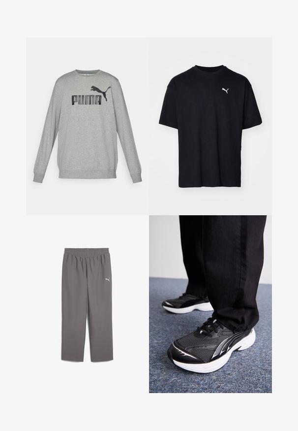 Szürke, hosszú ujjú pulóver, pamut keverékből készült, elöl fekete "PUMA" logóval és ugró pumát ábrázoló grafikával. Szoros mandzsetták.; Fekete pamut póló rövid ujjakkal, kerek nyakkivágással, és egy fehér Puma logóval a bal felső mellen. Klasszikus szabású, sima felszínű.; Szürke sportnadrág, rugalmas derékrésszel, könnyű anyagból készült. A bal lábon egy kis fehér logó található.; Fekete sportcipők hálós anyagból, fehér talppal és fekete részletekkel. A talpa textúrázott. Fekete nadrággal viselve, kék szőnyegen.