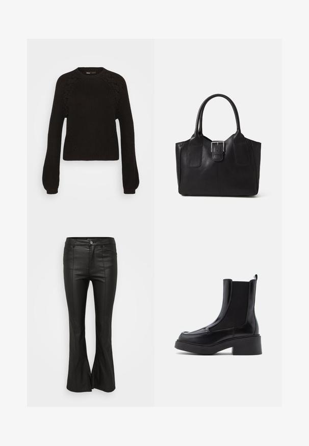 Črn pleten pulover z okroglim izrezom, dolgimi rokavi in zapletenim čipkastim detajlom na ramenih. Teksturna tkanina in rebrasti manšeti.; Črne raztegnjene hlače z sijočo teksturo, podobno usnju, s sprednjimi žepi, zapiranjem na gumb in stranskimi razporki na robu.; Črne chelsea škornje z debelim petkom, ki imajo sijočo usnjeno zgornji del in elastične stranske panele za enostavno obuvanje. Trdna gumijasta podplat.; Črna usnjena torba s gladko teksturo, strukturirano obliko, dvema ročkama in izrazitim srebrnim sponko na sprednji strani.