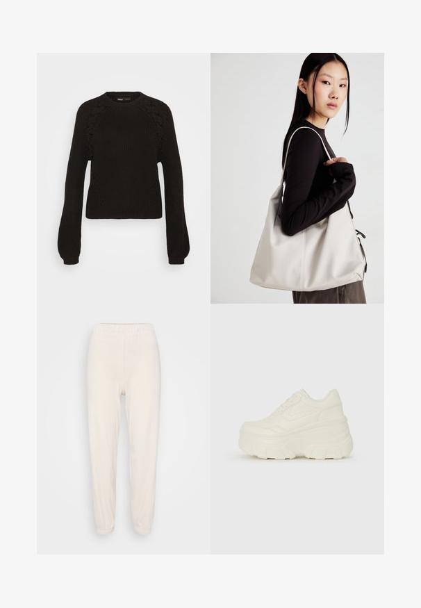 Black knitted sweater with a crew neck, long sleeves, and intricate lace detailing on the shoulders. Textured fabric and ribbed cuffs.; Light beige sweatpants with an elastic waistband and cuffs. Made of soft fabric, featuring a relaxed fit and smooth texture.; White platform sneakers featuring a smooth leather-like upper, rounded shape, padded collar, and textured rubber sole with defined treads.; Beige handbag made of soft material, featuring a slouchy design, stitched detailing, and two shoulder straps. Suitable for everyday use.