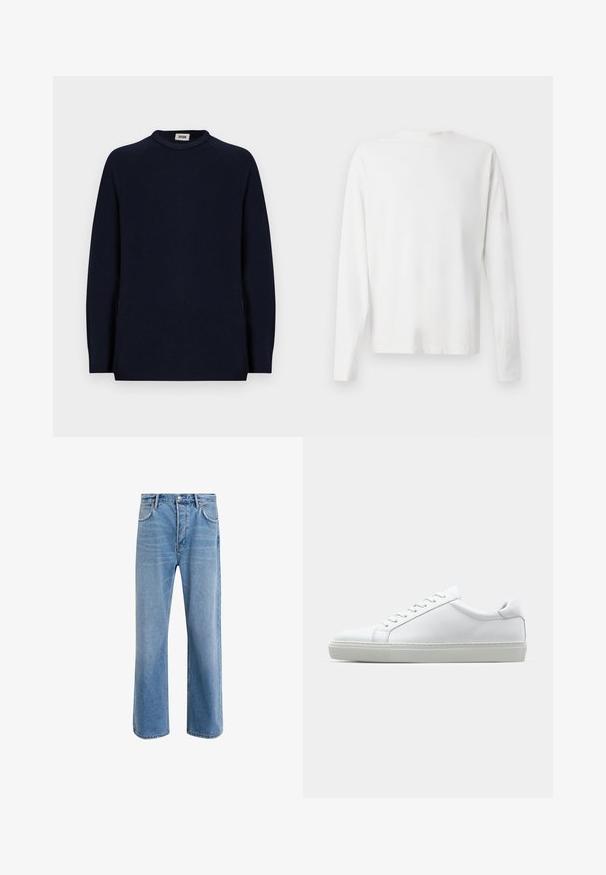 Marineblaues Langarmpullover mit Rundhalsausschnitt und einem kleinen weißen Etikett innerhalb des Kragens, das "DRYKORN" liest.; Langärmliges weißes Baumwollhemd mit rundem Ausschnitt, seitlichen Schlitzen am unteren Rand und glatter Textur, von hinten präsentiert.; Helle blaue Jeans im Geradeschnitt-Design, mit fünf Taschen, Knopfverschluss, minimaler Ausbleichung und kontrastierenden Nähdetails.; Weißer Sneaker mit glattem Lederobermaterial und niedrigem Profil. Verfügt über eine runde Zehenpartie, sechs Ösen und eine strukturierte Gummisohle.