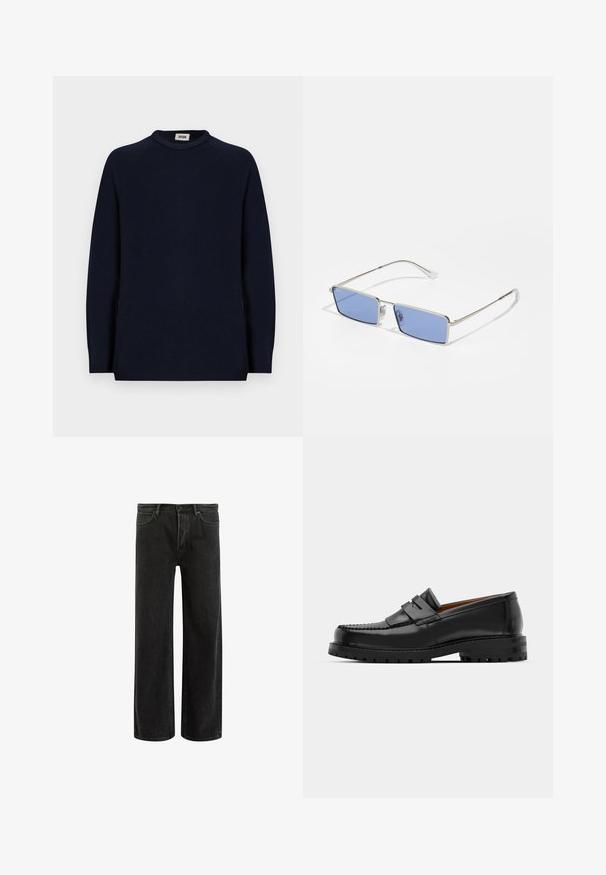 Tummansininen pitkähihainen neule, jossa on pyöreä kaula-aukko ja sisäkauluksessa pieni valkoinen etiketti, jossa lukee "DRYKORN."; Mustat farkut leveällä lahkeella ja korkealla vyötäröllä, joissa on klassinen viisi taskua -design ja hienovarainen haalistuminen tekstuurin luomiseksi.; Mustat nahka loafit sisältävät kohoavan sauman, kaksi koristeellista nauhaa yläosassa ja paksun teksturoidun pohjan parempaa pitoa varten.; Metalliset aurinkolasit suorakulmaisen muotoisina, sinisävyiset linssit ja hopeakehys. Varustettu nenätyynyillä ja ohuilla, suorilla temppeleillä.