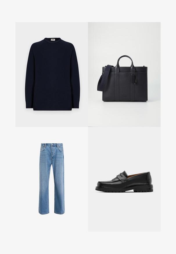 Marineblaues Langarmpullover mit Rundhalsausschnitt und einem kleinen weißen Etikett innerhalb des Kragens, das "DRYKORN" liest.; Helle blaue Jeans im Geradeschnitt-Design, mit fünf Taschen, Knopfverschluss, minimaler Ausbleichung und kontrastierenden Nähdetails.; Schwarze Lederloafer verfügen über eine erhöhte Naht, zwei dekorative Riemen im oberen Bereich und eine dicke, strukturierte Sohle für zusätzlichen Halt.; Dunkelblaues Lederaktentasche mit doppelten oberen Griffen und einem abnehmbaren Gurt. Merkmale sind die strukturierte Oberfläche, vertikale Nähte und das Logo-Detail.