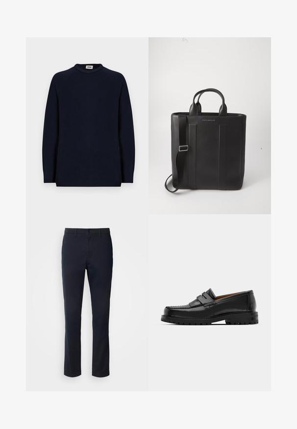 Marineblaues Langarmpullover mit Rundhalsausschnitt und einem kleinen weißen Etikett innerhalb des Kragens, das "DRYKORN" liest.; Marineblaue Hosen aus glattem Material mit geradem Bein, Gürtelschlaufen und einer Knopfverschluss mit Reißverschluss.; Schwarze Lederloafer verfügen über eine erhöhte Naht, zwei dekorative Riemen im oberen Bereich und eine dicke, strukturierte Sohle für zusätzlichen Halt.; Schwarze Leder-Tote mit zwei oberen Griffen und einem abnehmbaren Schulterriemen. Mit vertikalen Nähten und geprägtem Logo auf der Vorderseite.
