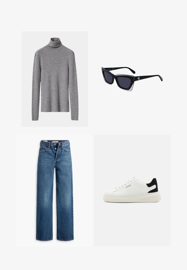 Pulover gri cu guler înalt și mâneci lungi, având o siluetă ajustată și o textură moale.; Blugi din denim albastru cu un design cu picioare largi, cinci buzunare, închidere cu nasture și cusături contrastante. Țesătură texturată cu un finisaj uzat.; Adidași din piele albă cu o talpă groasă albă, accent de călcâi din suede negru și logo embosat pe lateral. Design cu șireturi și șase orificii.; Ochelari de soare supradimensionați, negri, cu o formă geometrică, având lentile întunecate și un detaliu gri contrastant pe ramă. Logo pe braț.; Cercei rotunzi din argint cu un finisaj neted și strălucitor. Design ușor, având o formă rotundă și închidere cu tijă.