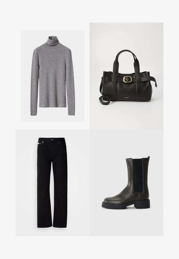 Sivi rebrasti pulover s visokim ovratnikom i dugim rukavima, koji ima pripijenu siluetu i mekanu teksturu.; Crne traperice ravnog kroja s pet džepova, srebrnim zakovicama i dugmetom na spratu. Tkanina ima glatku, blago teksturiranu površinu.; Zelene kožne gležnjače s elastičnim bočnim panelima, okruglim vrhom i gumeni potplat. Imaju teksturiranu završnu obradu i blok peta.; Crna kožna torba s strukturiranim dizajnom, dvostrukim gornjim ručkama, zlatnim kopčom kao naglaskom i utisnutim logotipom marke sprijeda.