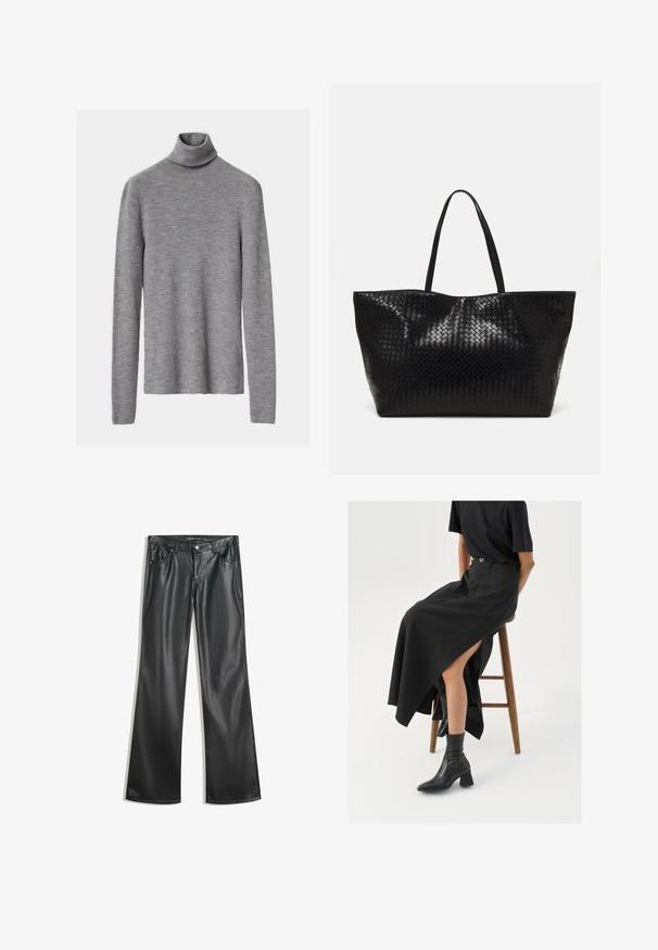 Šedý žebrovaný rolák s dlouhými rukávy, s těsným střihem a měkkou texturou.; Černé kalhoty z umělé kůže s rozšířenými nohavicemi a hladkou texturou, pět kapsami, předním zipem a kontrastním prošíváním.; Černá maxi sukně z lnu s vysokým rozparkem, nošená s černým tričkem a černými kotníkovými botami. Minimalistický design s volným střihem.; Černá tkaná taška přes rameno s dvěma pevným uchy, má lesklou texturu a prostorný otevřený vrch.