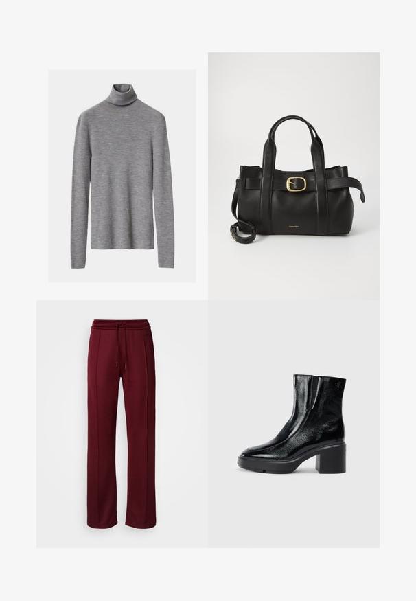 Šedý žebrovaný rolák s dlouhými rukávy, s těsným střihem a měkkou texturou.; Bordeaux tepláky s elastickým pasem, šňůrkovým zapínáním a bočními švy. Vyrobené z měkké, pružné tkaniny. Vhodné pro volnočasové nošení.; Černé lakované kotníkové boty s zakřivenou špičkou, elastickými bočními panely a robustním blokovým podpatkem. Na zadní straně se nachází embosované logo.; Černá kožená kabelka s upraveným designem, dvojitými vrchními madly, pozlaceným přezkovým akcentem a vyraženým logem značky na přední straně.